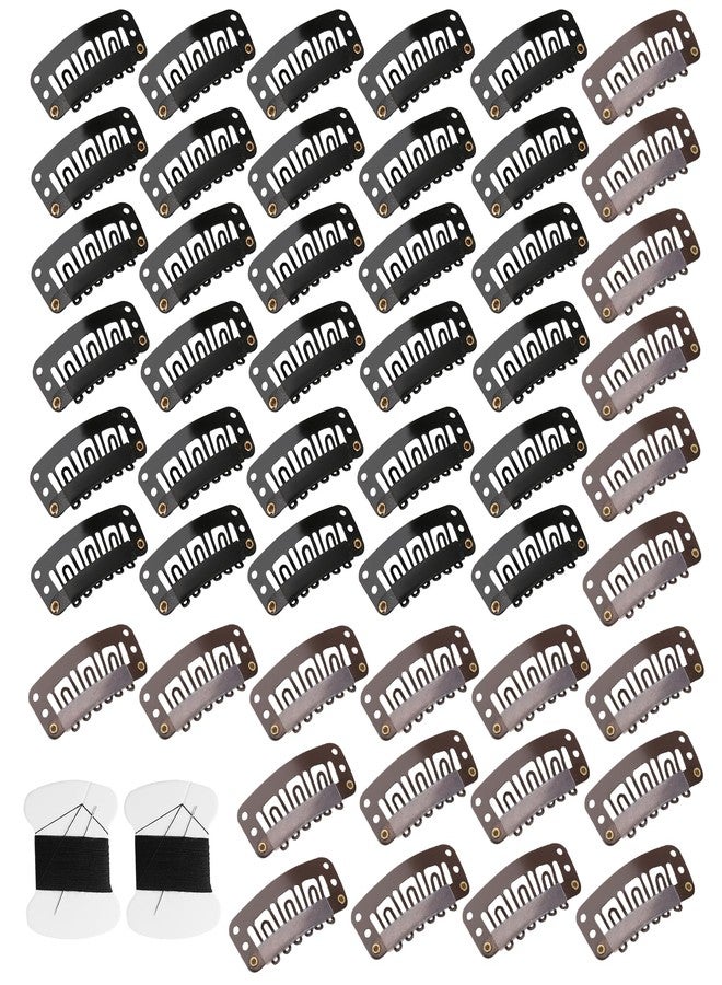 TNJPSEK 50 Pack Weave Clips for Hair Extensions, 2 Set Stainless Steel U-Shape DIY Needle & Thread Kit, 32mm 6-Teeth Snap Clips for Secure Wig & Extension Attachment (Black & Brown) - Image 1